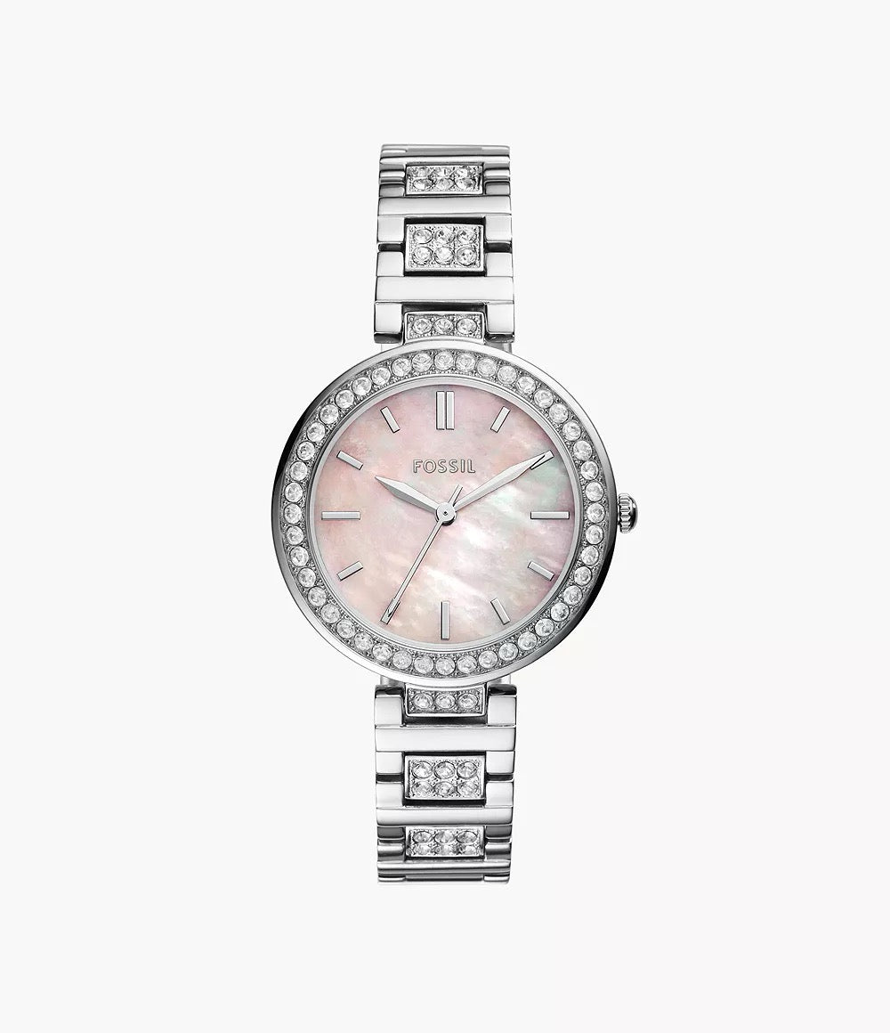 [READY STOCK MY] FOSSIL Karli Three-Hand Silver-Tone Watch in Mother Of Pearl in Pink (BQW3182)