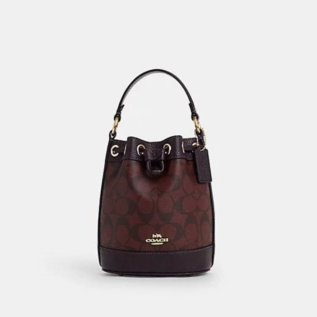 Coach Dempsey Drawstring Bucket Bag 15 In Signature Canvas in Gold/Oxblood Multi (CO072)
