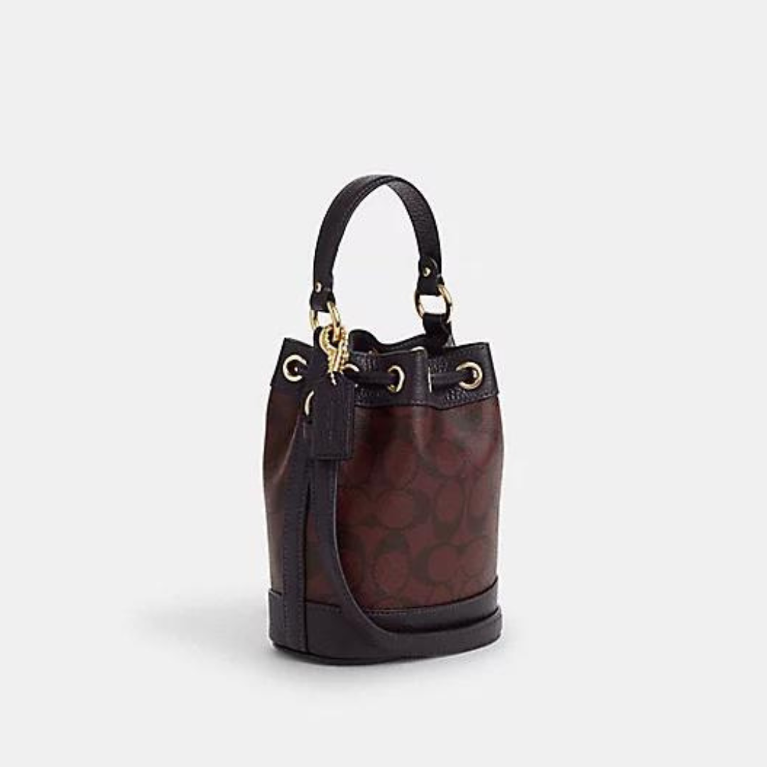 Coach Dempsey Drawstring Bucket Bag 15 In Signature Canvas in Gold/Oxblood Multi (CO072)