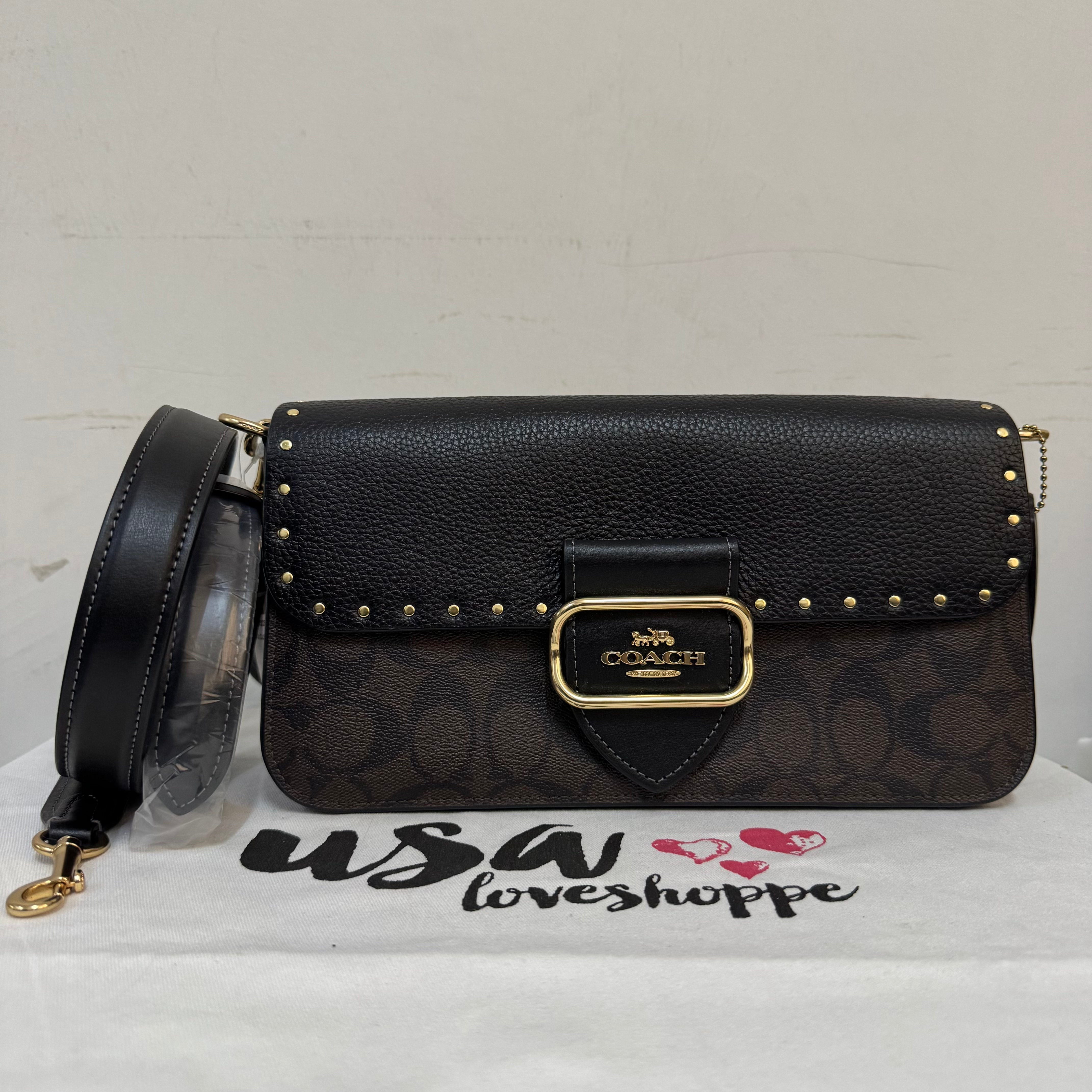 [AUCTION][READY STOCK MY] COACH Morgan Shoulder Bag Sig Canvas With Rivets in Brown Black Multi (CE563)