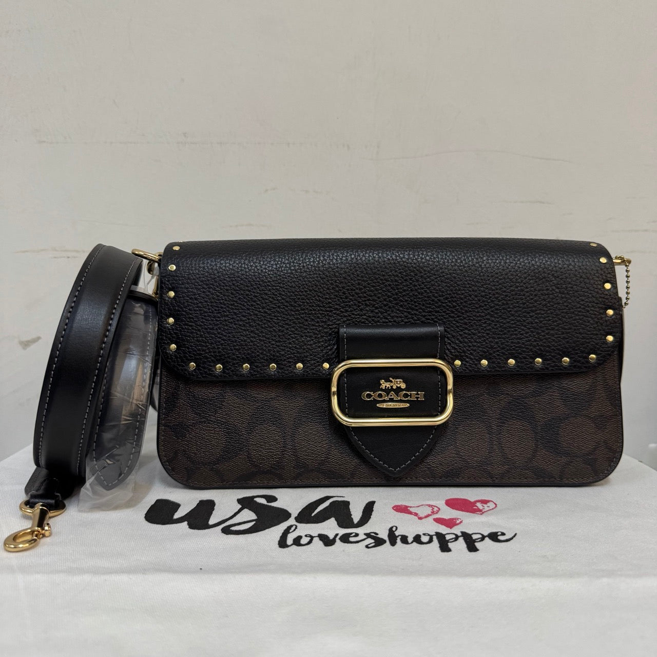 [AUCTION][READY STOCK MY] COACH Morgan Shoulder Bag Sig Canvas With Rivets in Brown Black Multi (CE563)