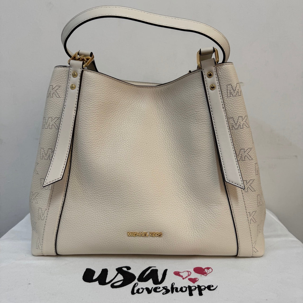 [AUCTION][READY STOCK MY] MICHAEL KORS Arlo Large Pebbled Leather Shoulder Bag in Light Cream (35S3GW7T9L)
