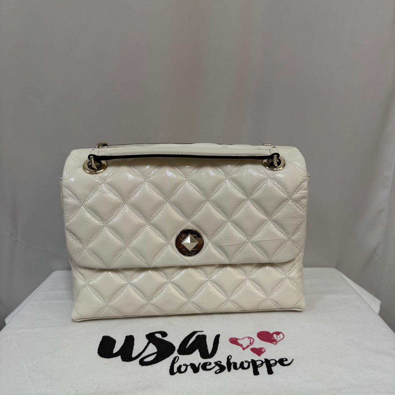 [AUCTION][READY STOCK MY] Kate Spade Natalia Quilted Crinkle Patent Leather Medium Shoulder Flap Bag in Parchment (K9437)