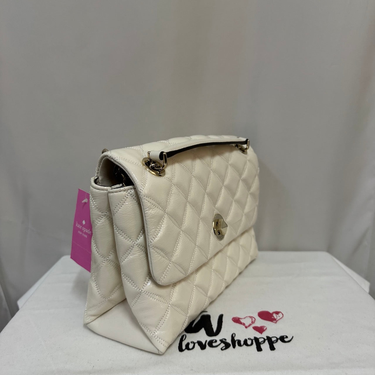 [AUCTION][READY STOCK MY] Kate Spade Natalia Quilted Crinkle Patent Leather Medium Shoulder Flap Bag in Parchment (K9437)