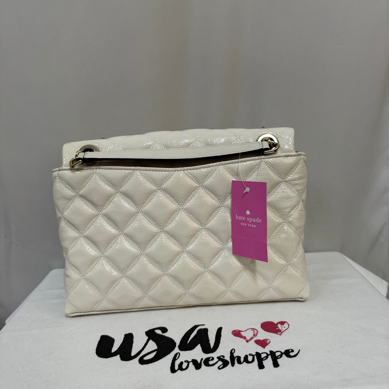 [AUCTION][READY STOCK MY] Kate Spade Natalia Quilted Crinkle Patent Leather Medium Shoulder Flap Bag in Parchment (K9437)