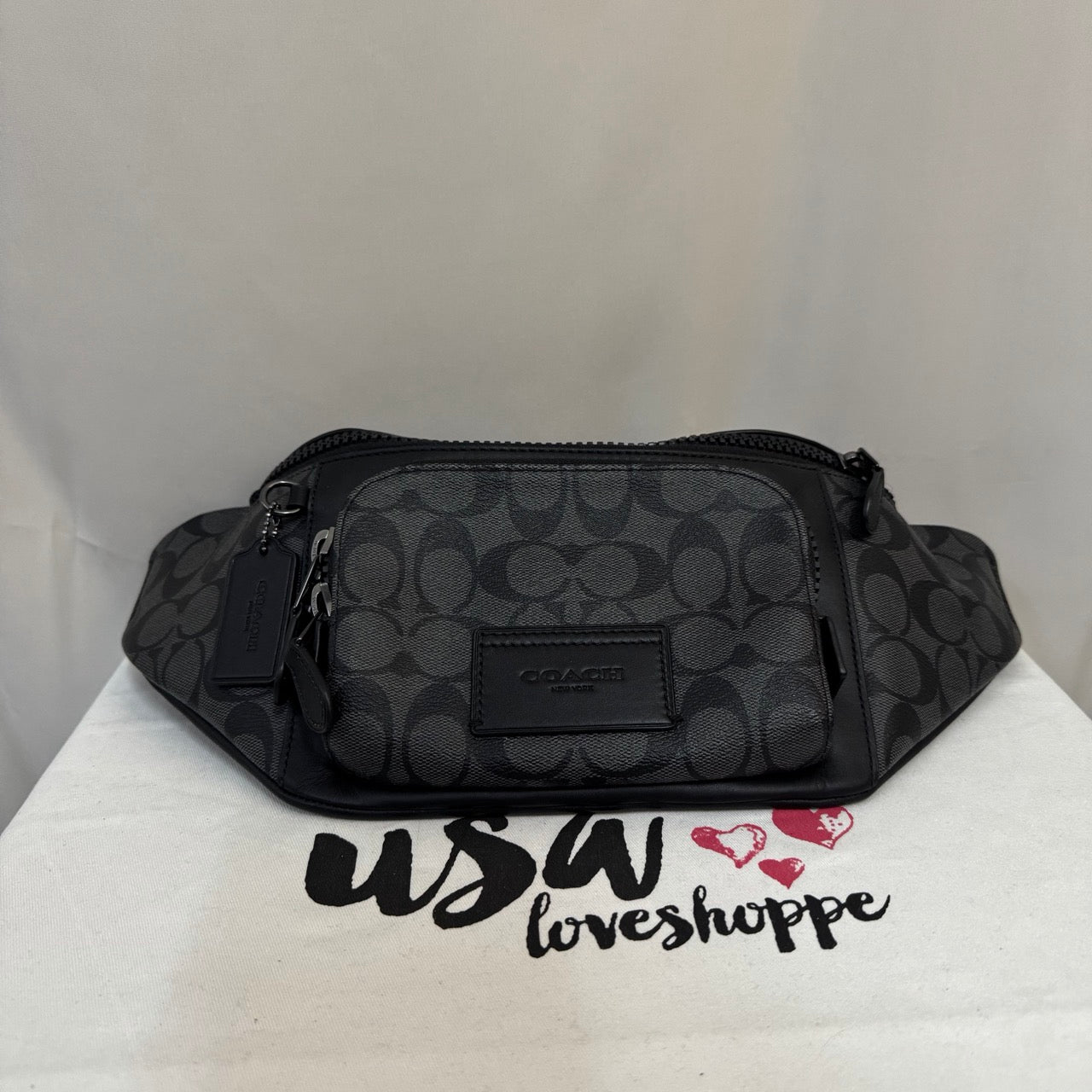 [AUCTION][READY STOCK MY] COACH Men Track Belt Bag In Signature Canvas in Charcoal/Black (C3765)