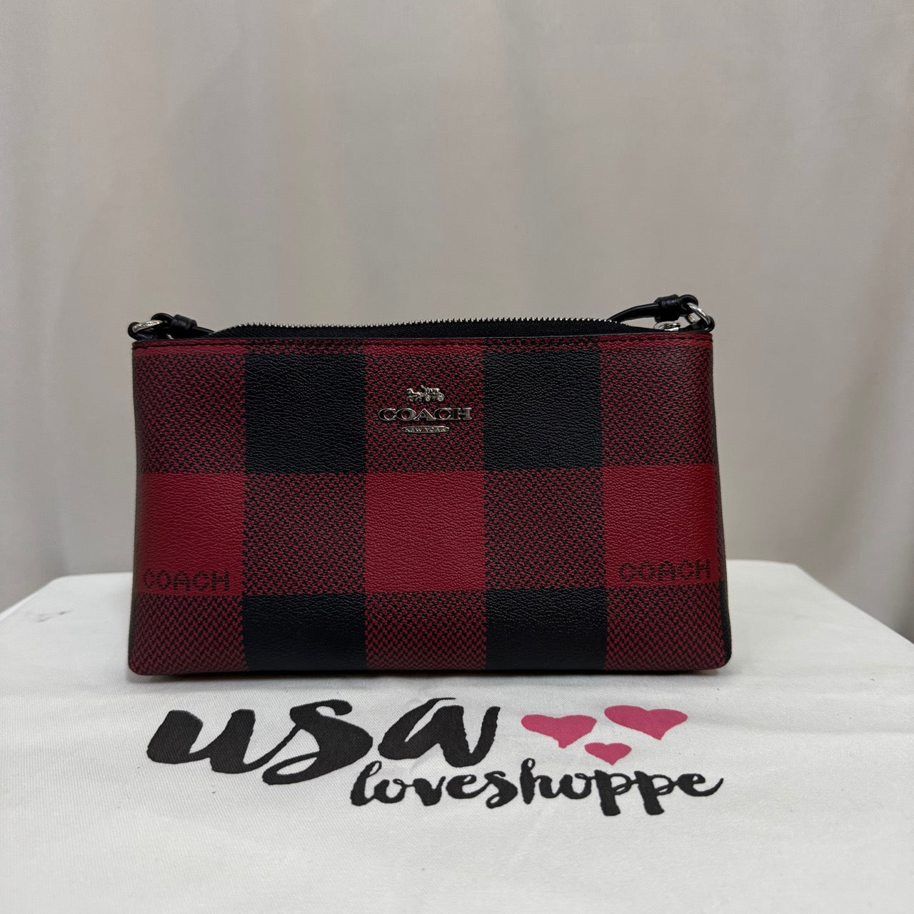 [AUCTION][READY STOCK MY] COACH Zip Top Crossbody With Buffalo Plaid Print in Black Red Multi (C7310)