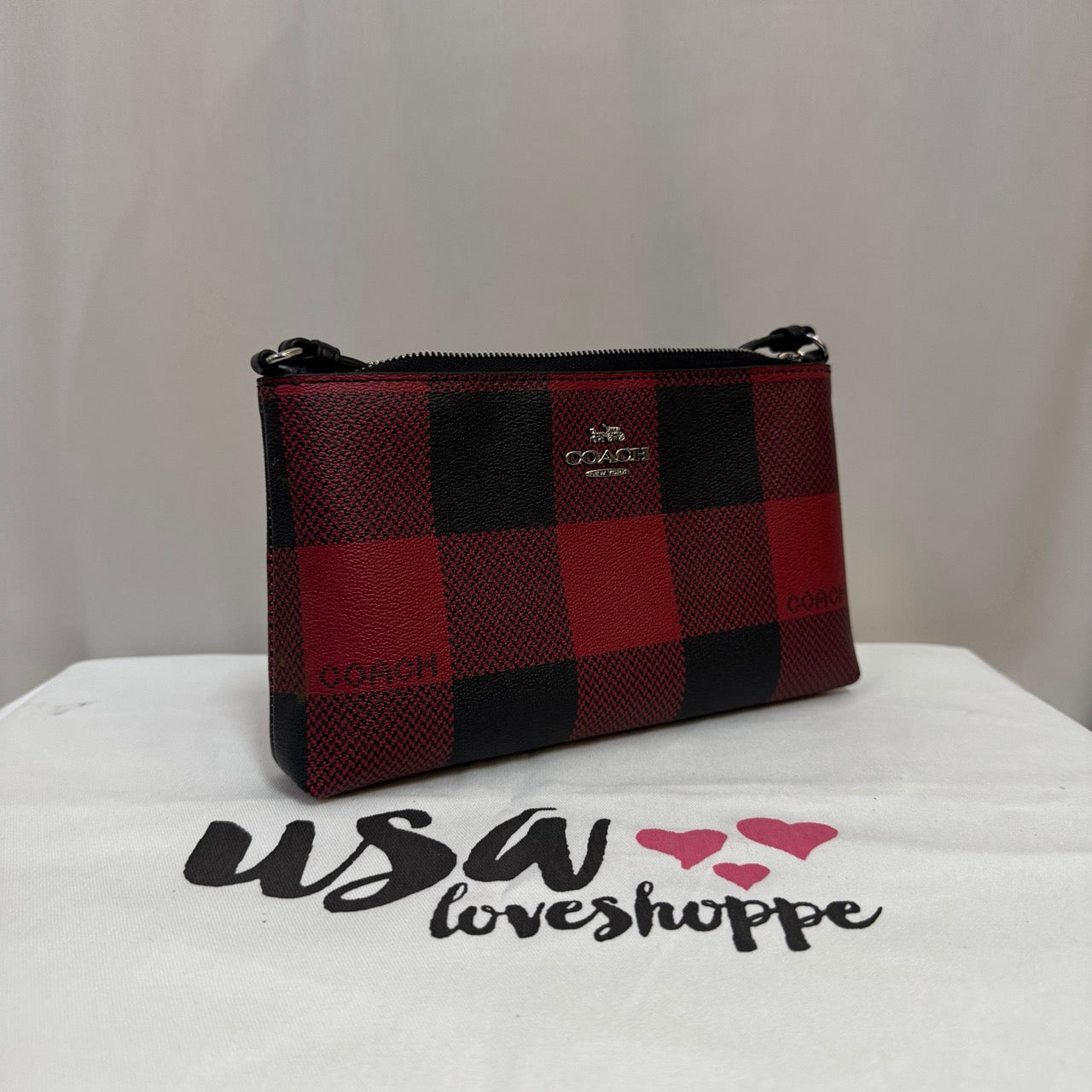 [AUCTION][READY STOCK MY] COACH Zip Top Crossbody With Buffalo Plaid Print in Black Red Multi (C7310)