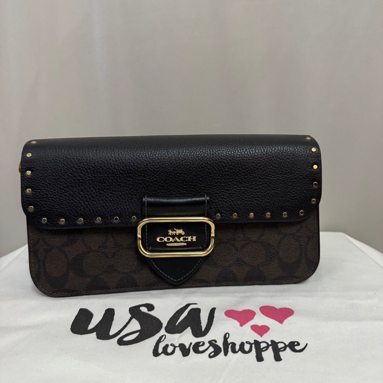 [AUCTION][READY STOCK MY][NO CROSSBODY STRAP] COACH Morgan Shoulder Bag Sig Canvas With Rivets in Brown Black Multi (CE563)