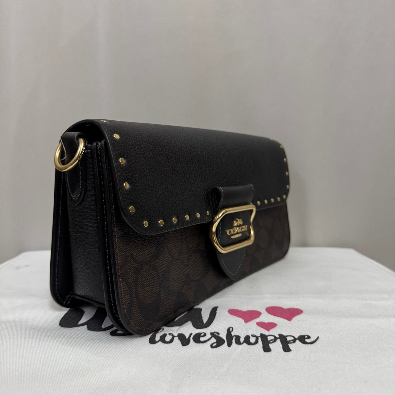 [AUCTION][READY STOCK MY][NO CROSSBODY STRAP] COACH Morgan Shoulder Bag Sig Canvas With Rivets in Brown Black Multi (CE563)