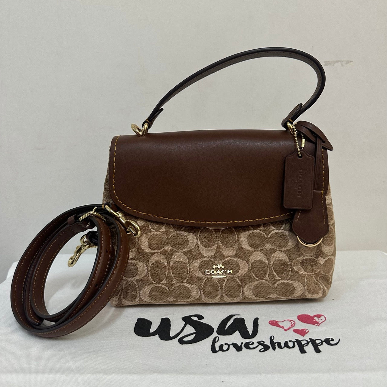 [AUCTION][READY STOCK MY] COACH Emory Top Handle Bag In Signature Chenille in Light Khaki/Vintage Brown (CDB08)