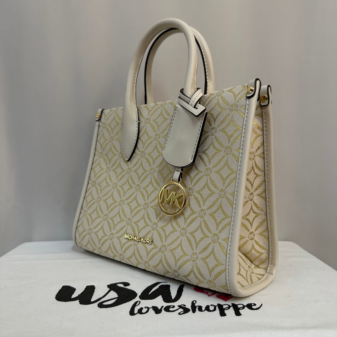 [AUCTION][READY STOCK MY] Michael Kors Mirella Small Metallic Logo Jacquard Crossbody Bag in Light Cream Multi (35F4G7ZC5J)