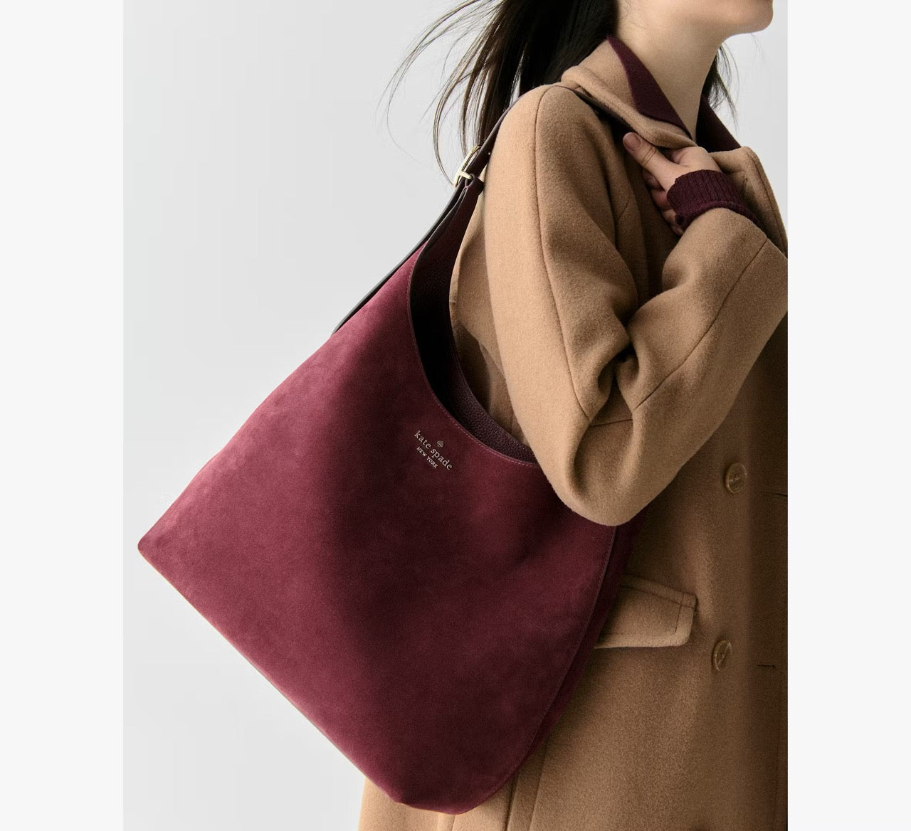 [READY STOCK MY] Kate Spade 454 Suede Large Shoulder Bag in Dark Merlot (KM151)