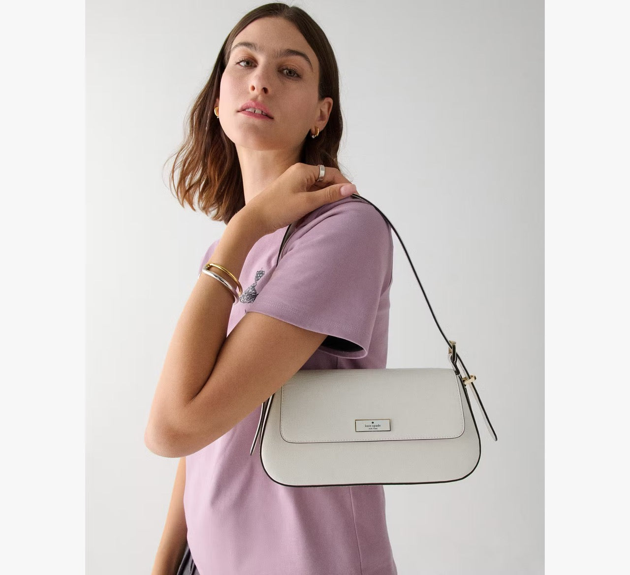 [READY STOCK MY] Kate Spade Bridget Crinkle Patent Small Flap Shoulder in Meringue (KM677)