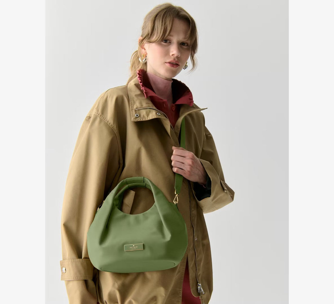 [READY STOCK MY] Kate Spade Carter Nylon Small Pleated Crossbody in Cedar Stan (KL965)