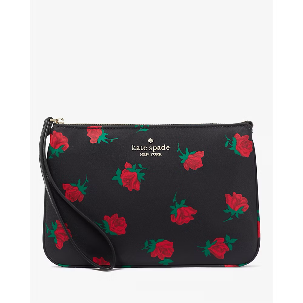 Kate Spade Chelsea Rose Toss Printed Medium Wristlet Pouch in Black Multi (KE615)