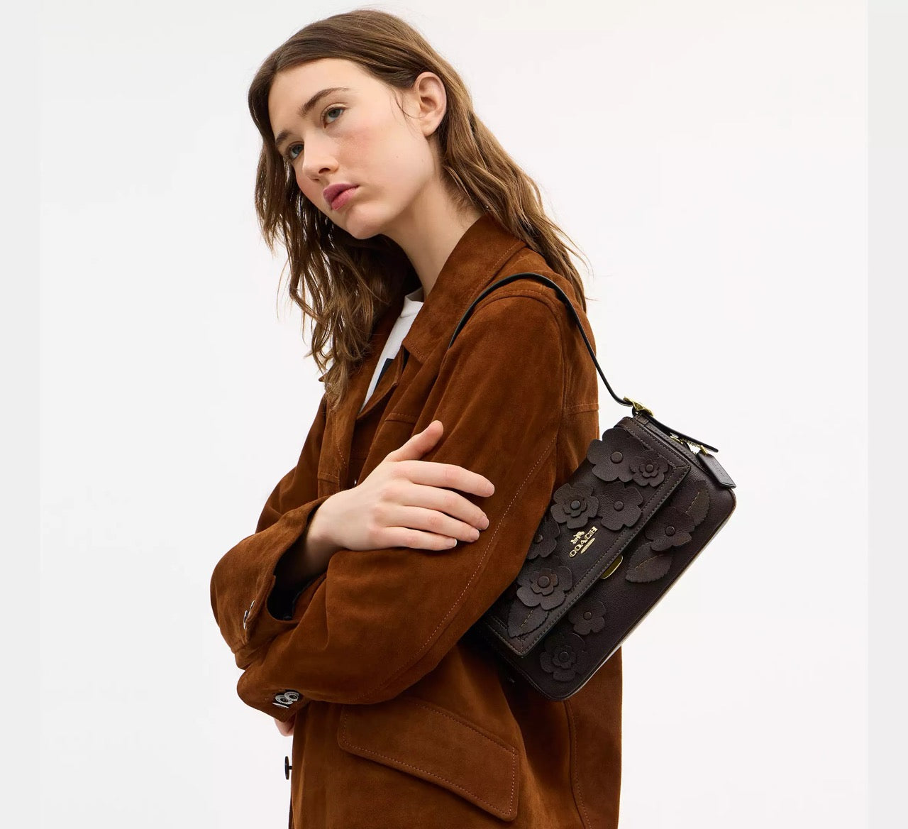 [INCOMING ETA 30 DAYS] COACH Etta Small Flap Shoulder Bag With Floral Applique in Maple (CDY43)