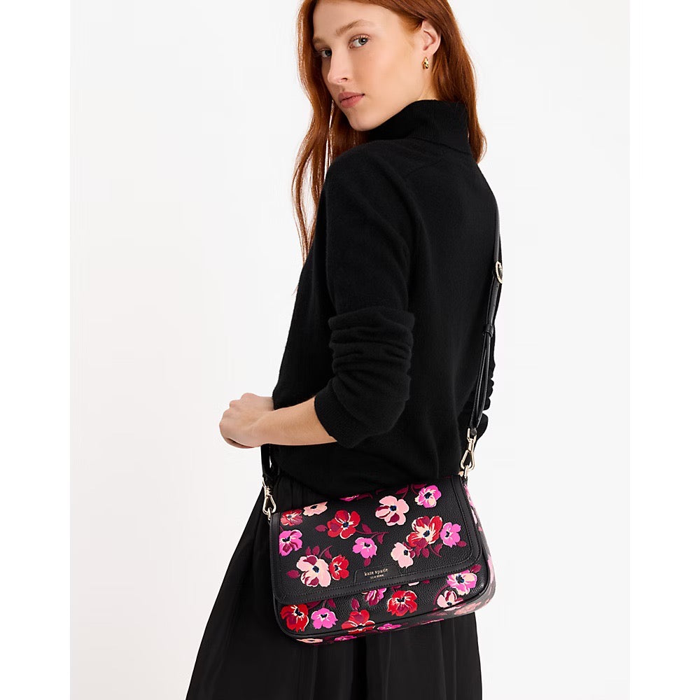 [READY STOCK MY] Kate Spade Hudson Fall Poppies Flap Shoulder Bag in Black Multi (KI634)
