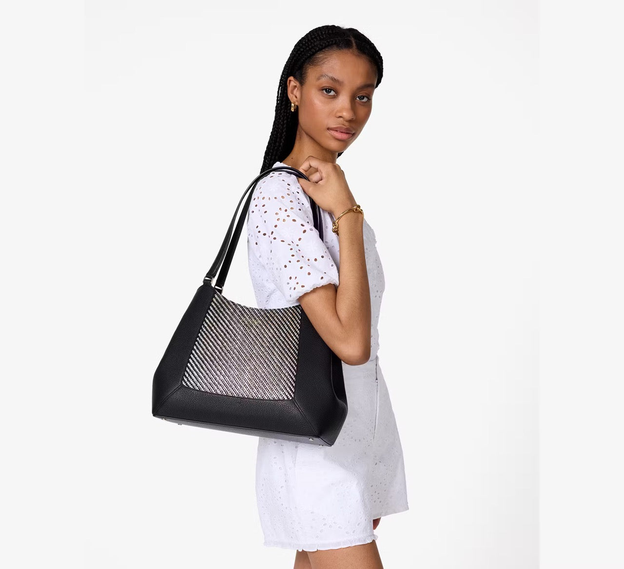 [WEB EXCLUSIVE][READY STOCK MY] Kate Spade Lena Straw Triple Compartment Shoulder Bag in Black Multi (KL033)