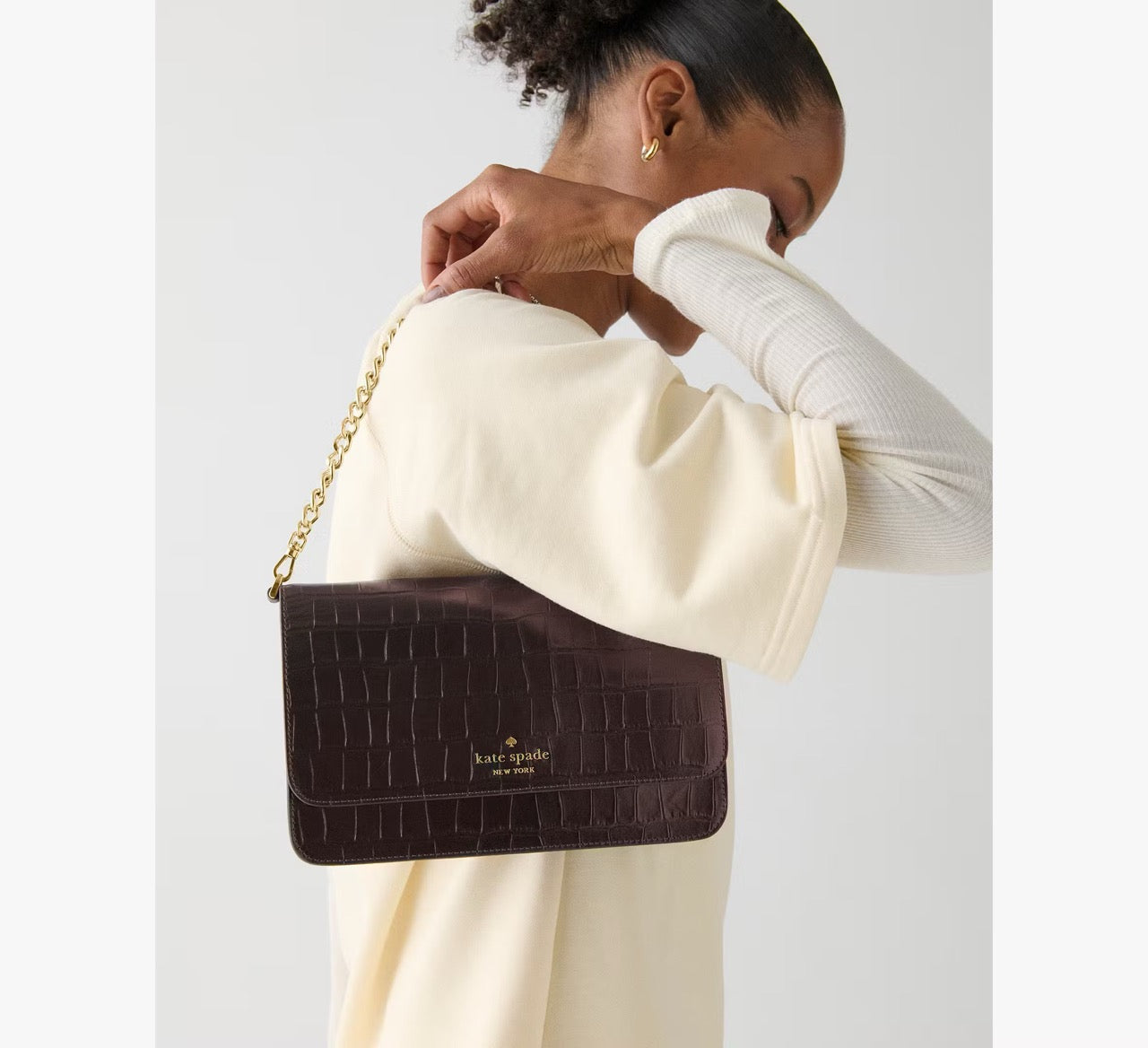 [INCOMING ETA 30 DAYS] Kate Spade Madison Croc Embossed Willow Medium Convertible Crossbody in Hot Fudge (KN236)