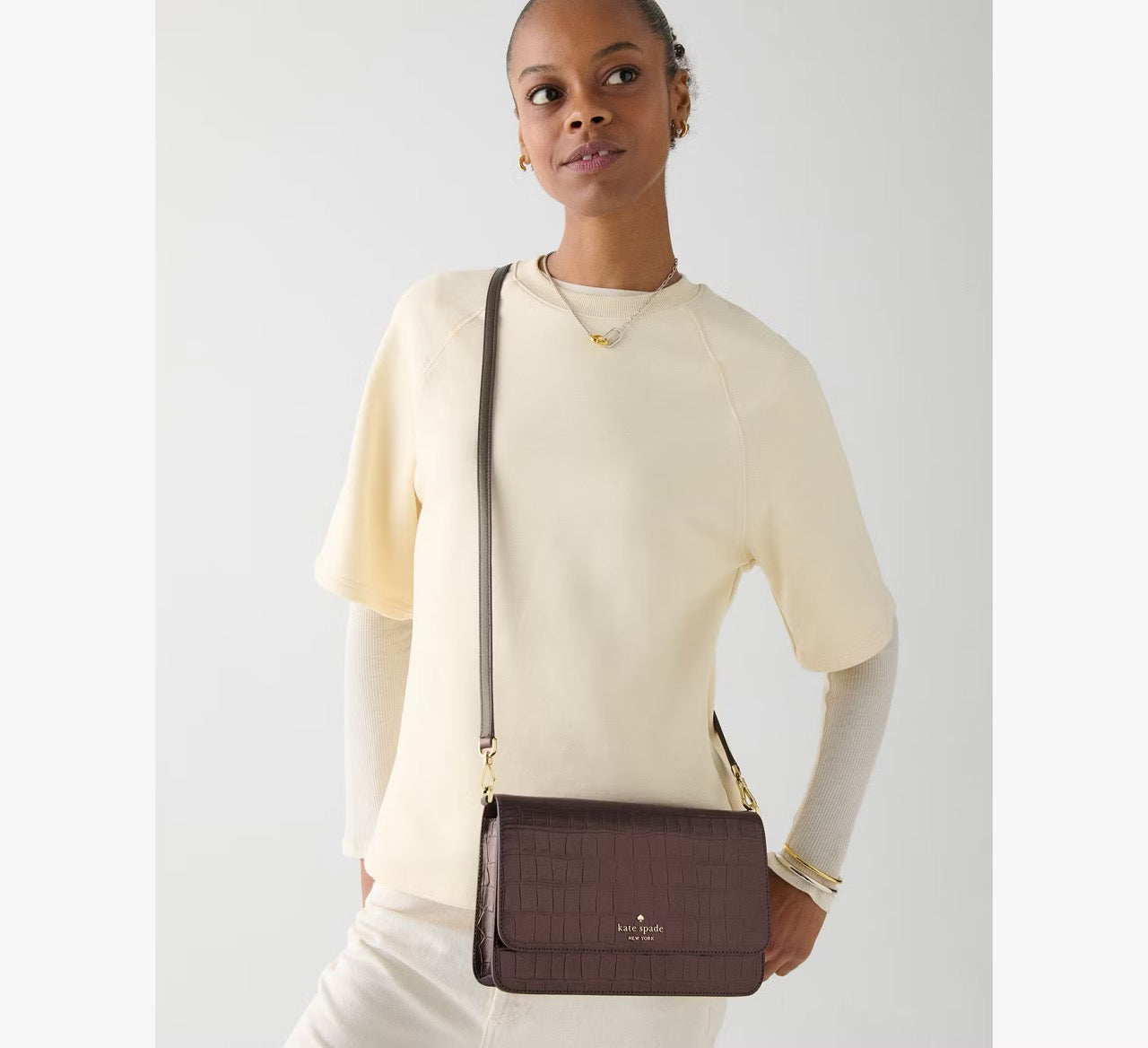 [INCOMING ETA 30 DAYS] Kate Spade Madison Croc Embossed Willow Medium Convertible Crossbody in Hot Fudge (KN236)