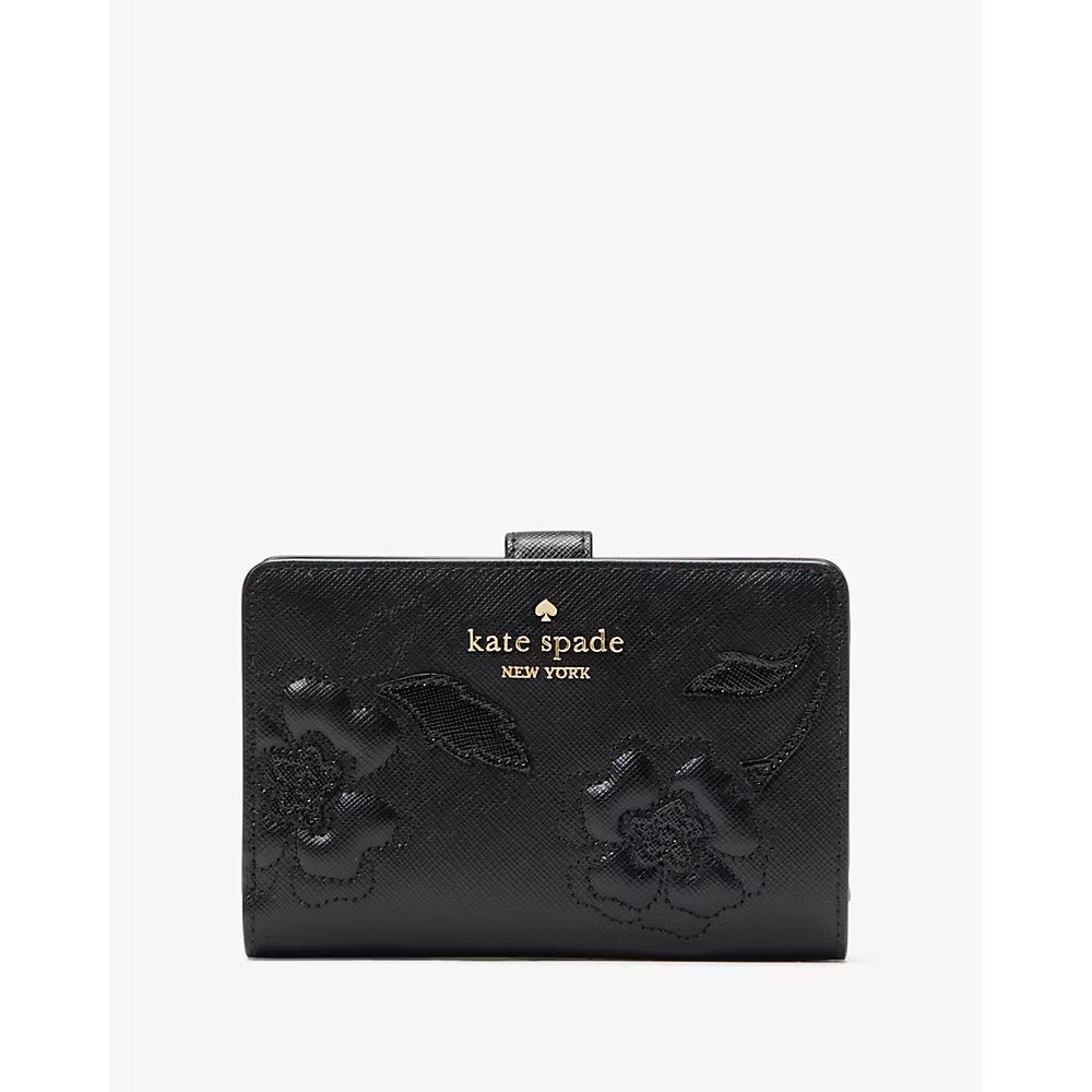 [READY STOCK MY] Kate Spade Madison Floral Applique Medium Bifold Wallet in Black (KL868)