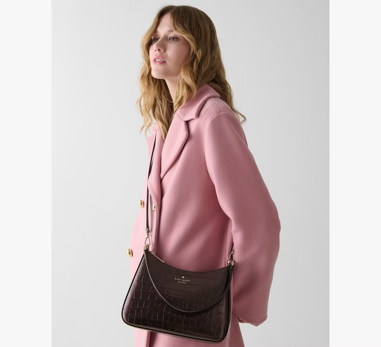 [INCOMING ETA 30 DAYS] Kate Spade Margot Metallic Croc Embossed Convertible Shoulder Bag in Hot Fudge (KN246)