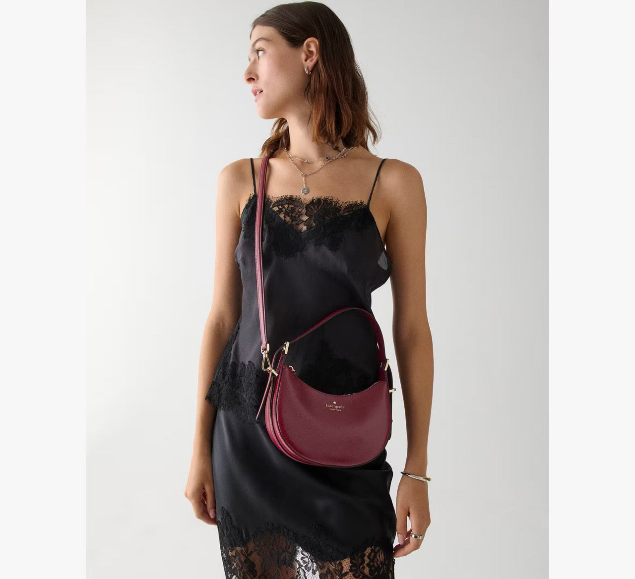 [INCOMING ETA 30 DAYS] Kate Spade Nova Textured Patent Leather Small Crescent Shoulder Bag in Red Jam (KN206)