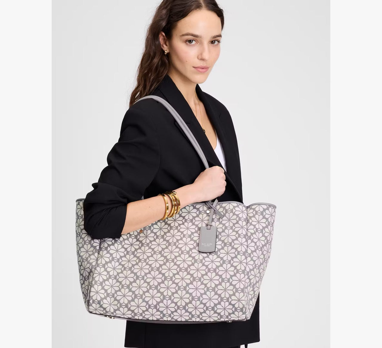 [READY STOCK MY] Kate Spade Spade Flower Jacquard Large Everything Tote in Grey Multi (KK609)