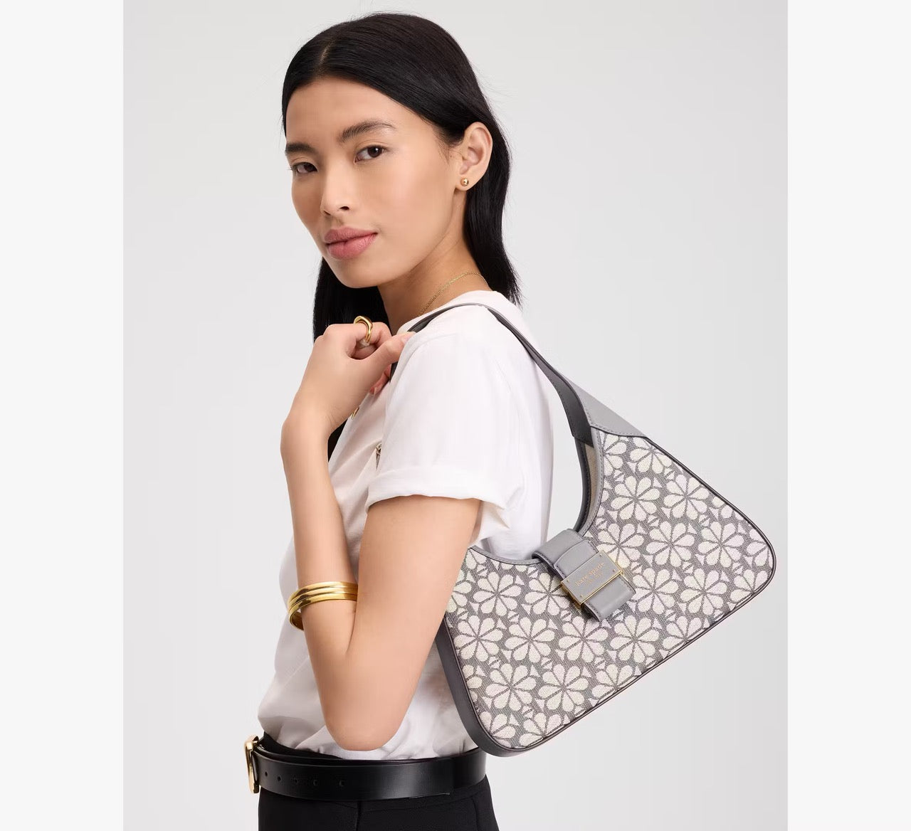 [READY STOCK MY] Kate Spade Spade Flower Jacquard Nouveau Small Shoulder Bag in Grey Multi (KI455)