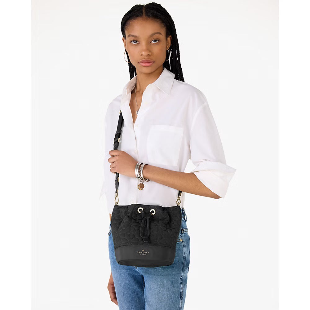 [READY STOCK MY] Kate Spade Spade Flower Quilted Fabric Bucket Bag in Black (KK076)