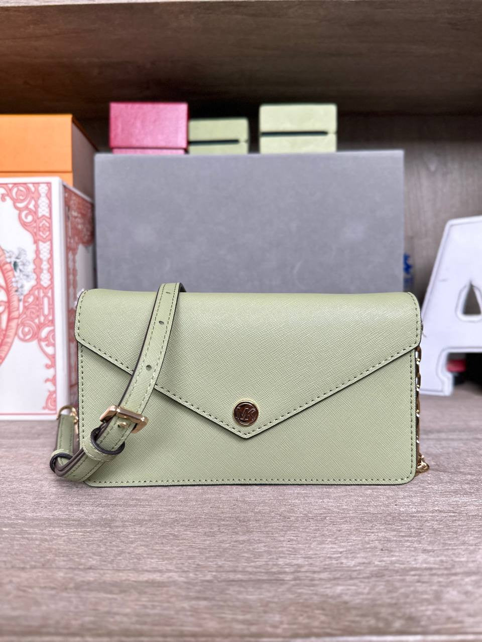 Michael Kors Small Saffiano Leather Envelope Crossbody Bag in Light Sage (35S3GTVC5L)