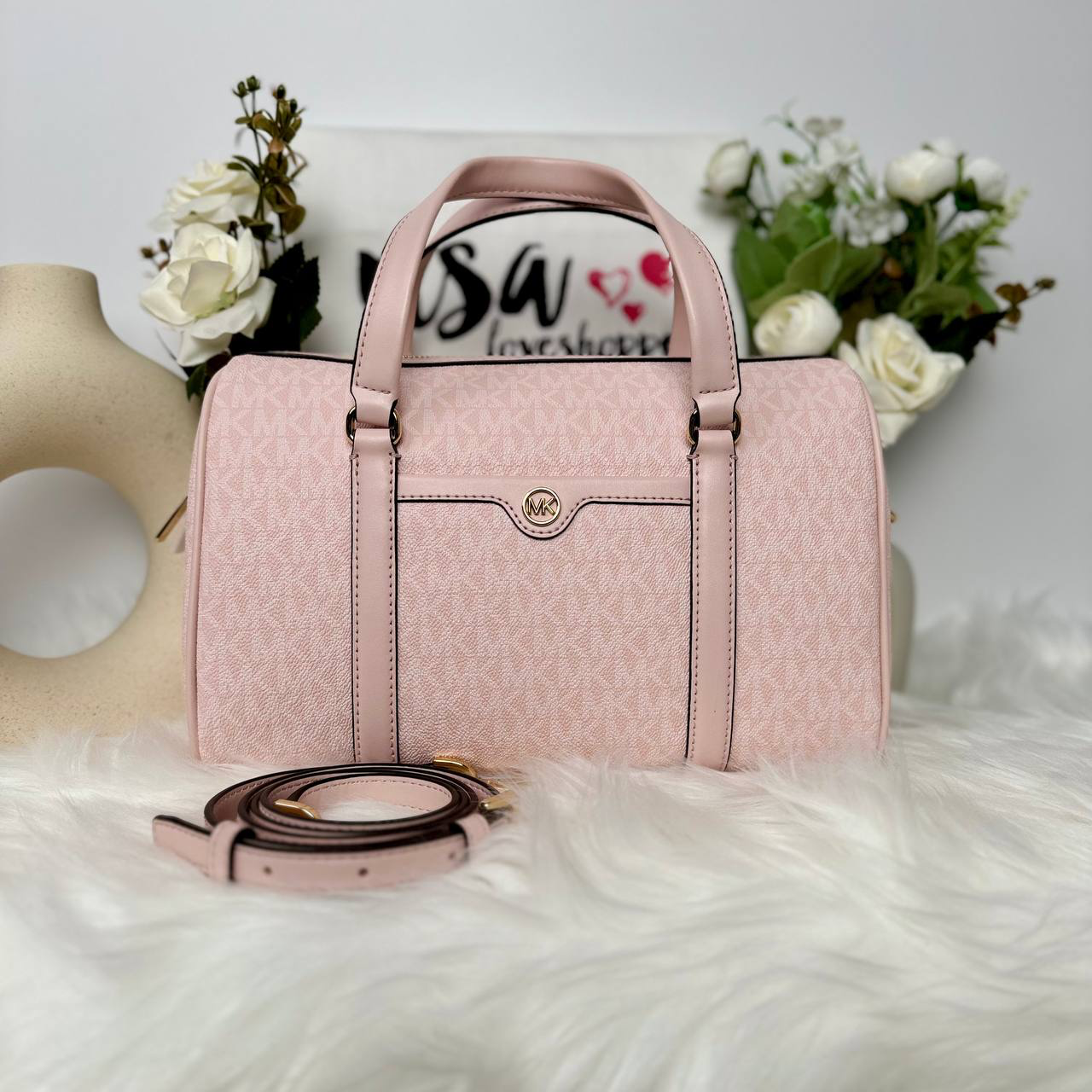 Michael Kors Travel Medium Duffle Satchel in Signature Light Powder Blush (35S4GTFS2B)