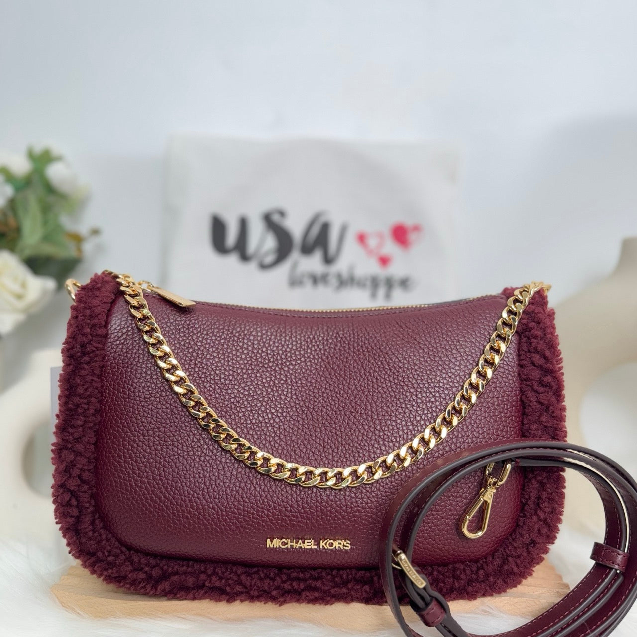 Michael Kors Carmela MD Leather Shearling Pouchette Crossbody Bag in Oxblood Rouge Sombre (35F4G1QC8L)