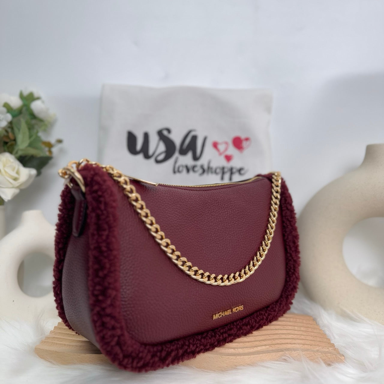 Michael Kors Carmela MD Leather Shearling Pouchette Crossbody Bag in Oxblood Rouge Sombre (35F4G1QC8L)