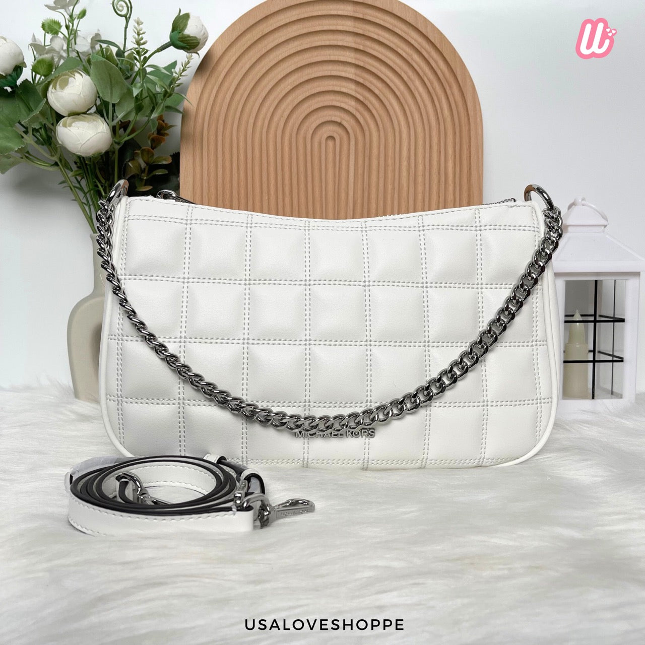 [READY STOCK MY] Michael Kors Carmela Medium Pouchette Crossbody in Optic White (35R5S1QC6V)