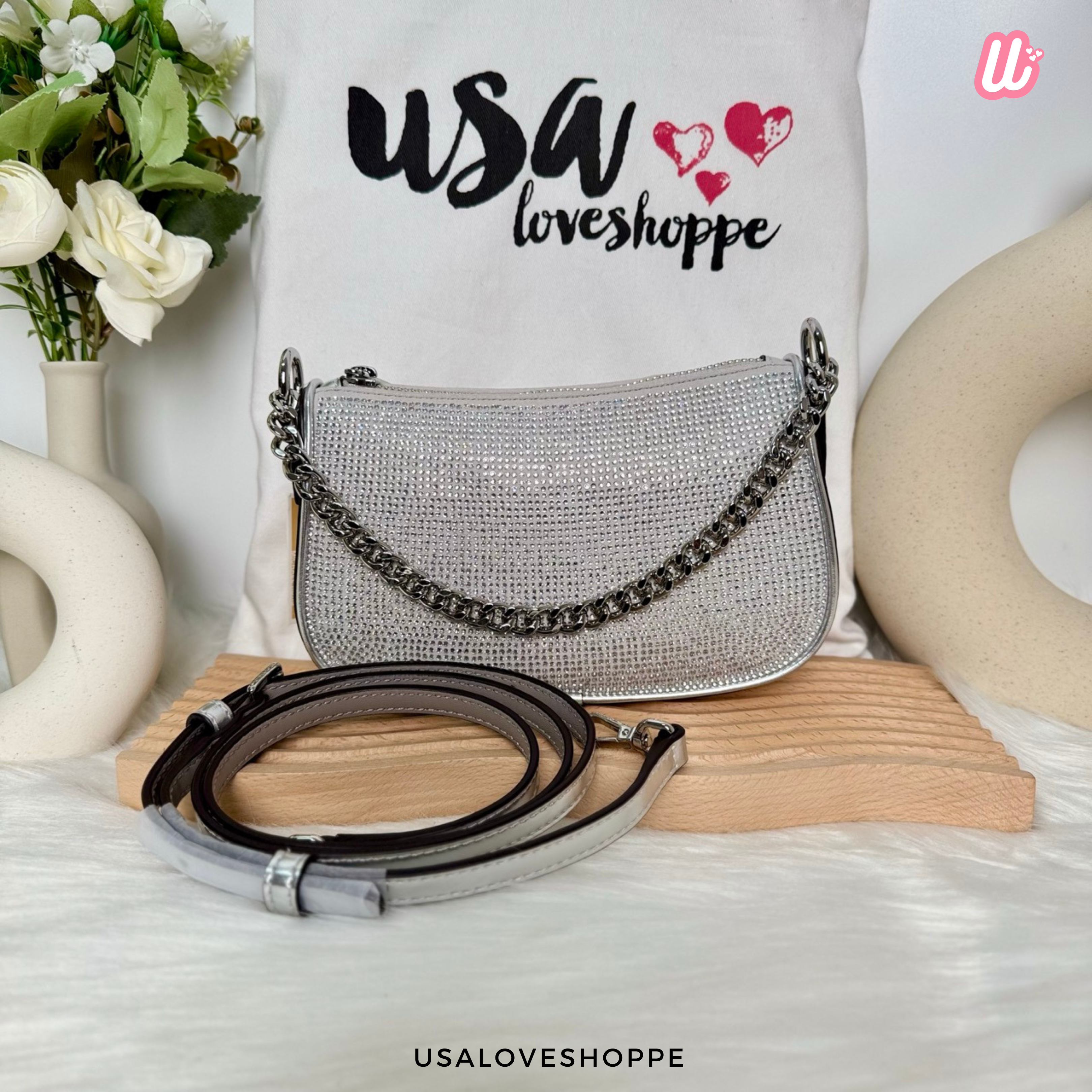 [READY STOCK MY] Michael Kors Carmela Small Pouchette Crossbody in Silver (35F4S1QC5S)