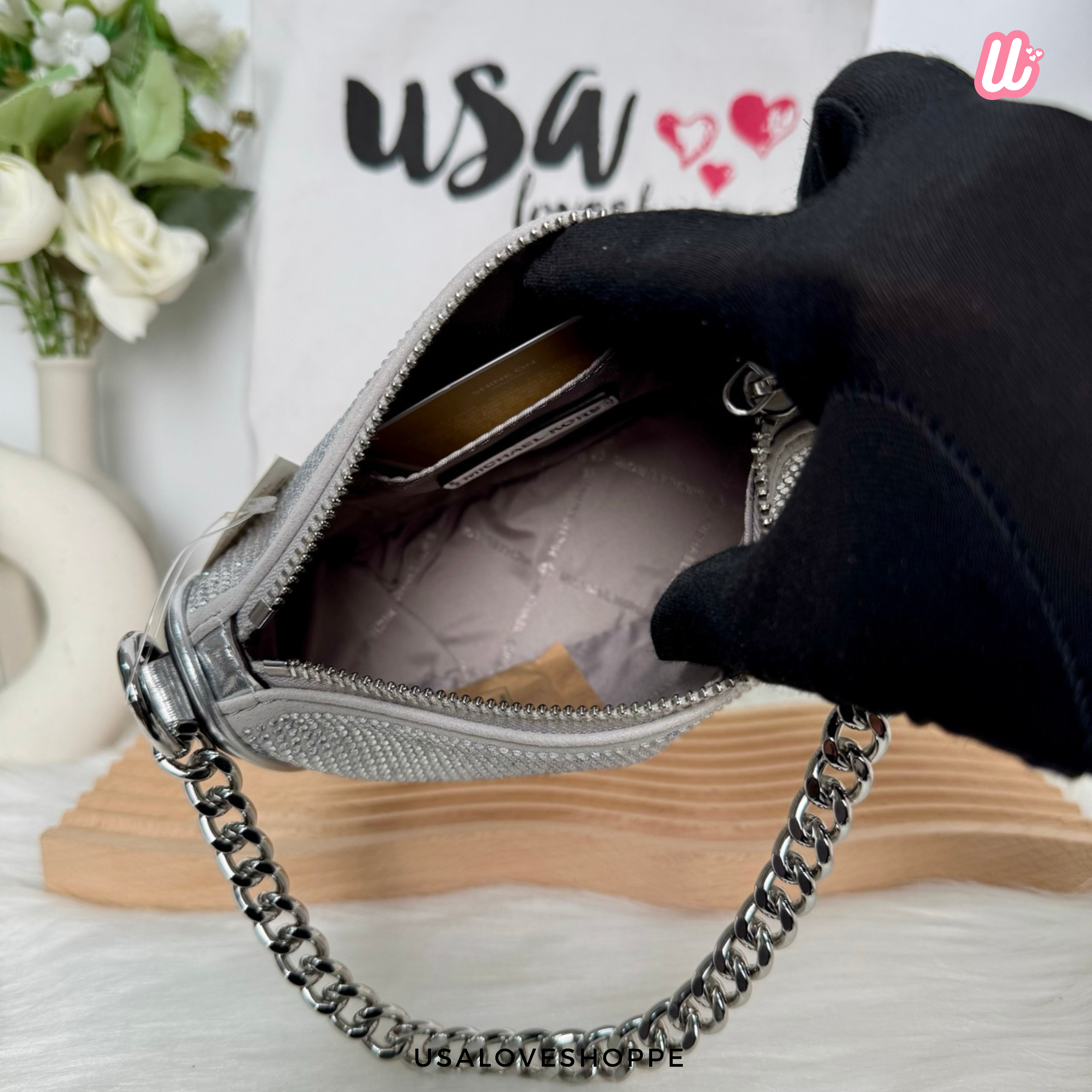 [READY STOCK MY] Michael Kors Carmela Small Pouchette Crossbody in Silver (35F4S1QC5S)