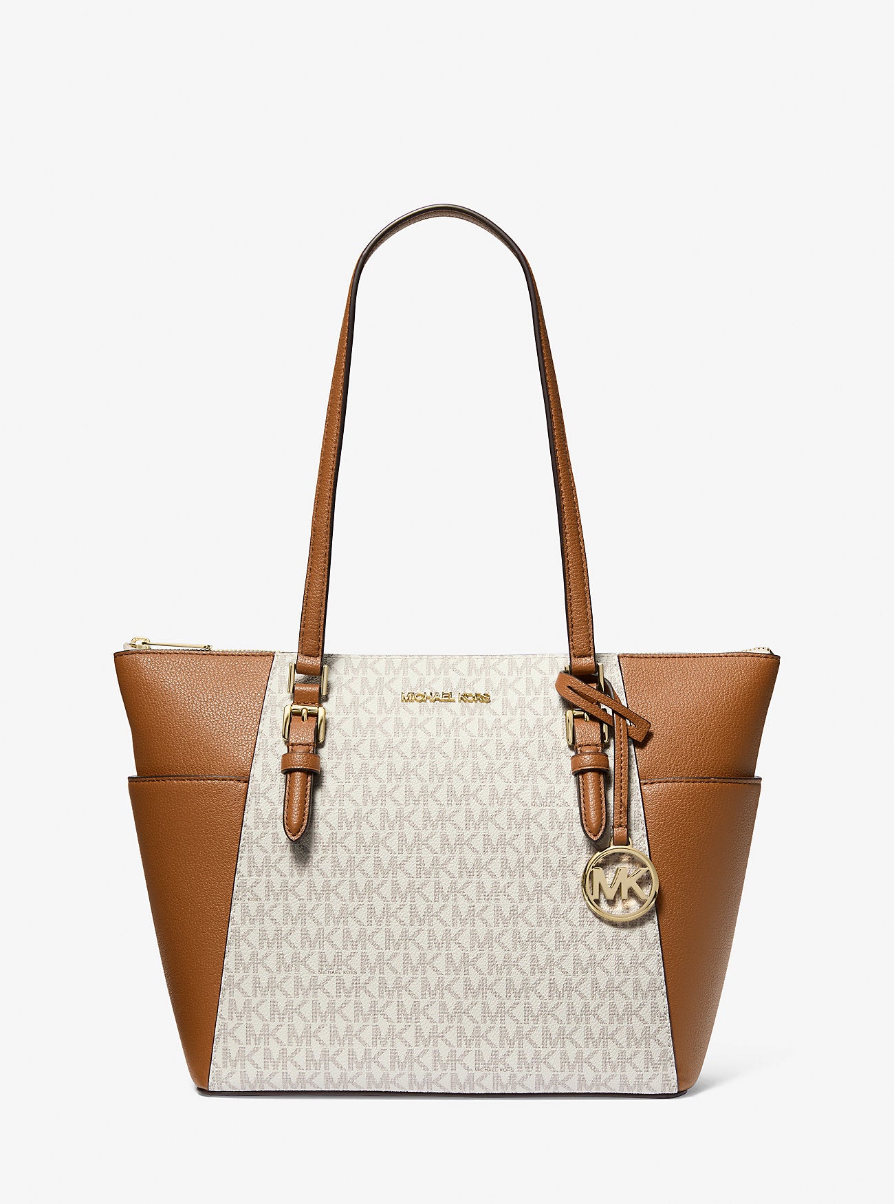 [INCOMING ETA 30 DAYS] Michael Kors Charlotte Large Logo and Leather Top-Zip Tote Bag in Signature Vanilla (35T0GCFT3B)
