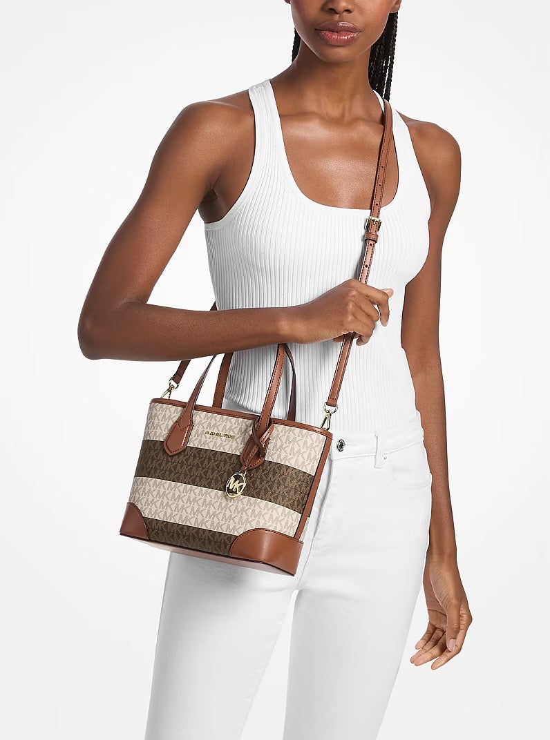 [INCOMING ETA 30 DAYS] Michael Kors Eva Extra-Small Striped Signature Logo Convertible Tote Bag in Vanilla/Luggage (35S6GV0T0I)
