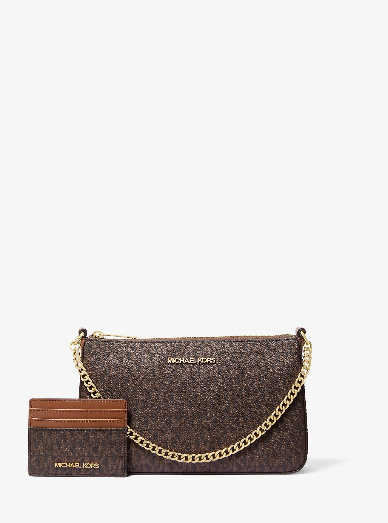 [READY STOCK MY] Michael Kors Giftables Boxed Items Jet Set Travel Medium Pouchette with Card Holder in Signature Brown (35H1GGZD6B)