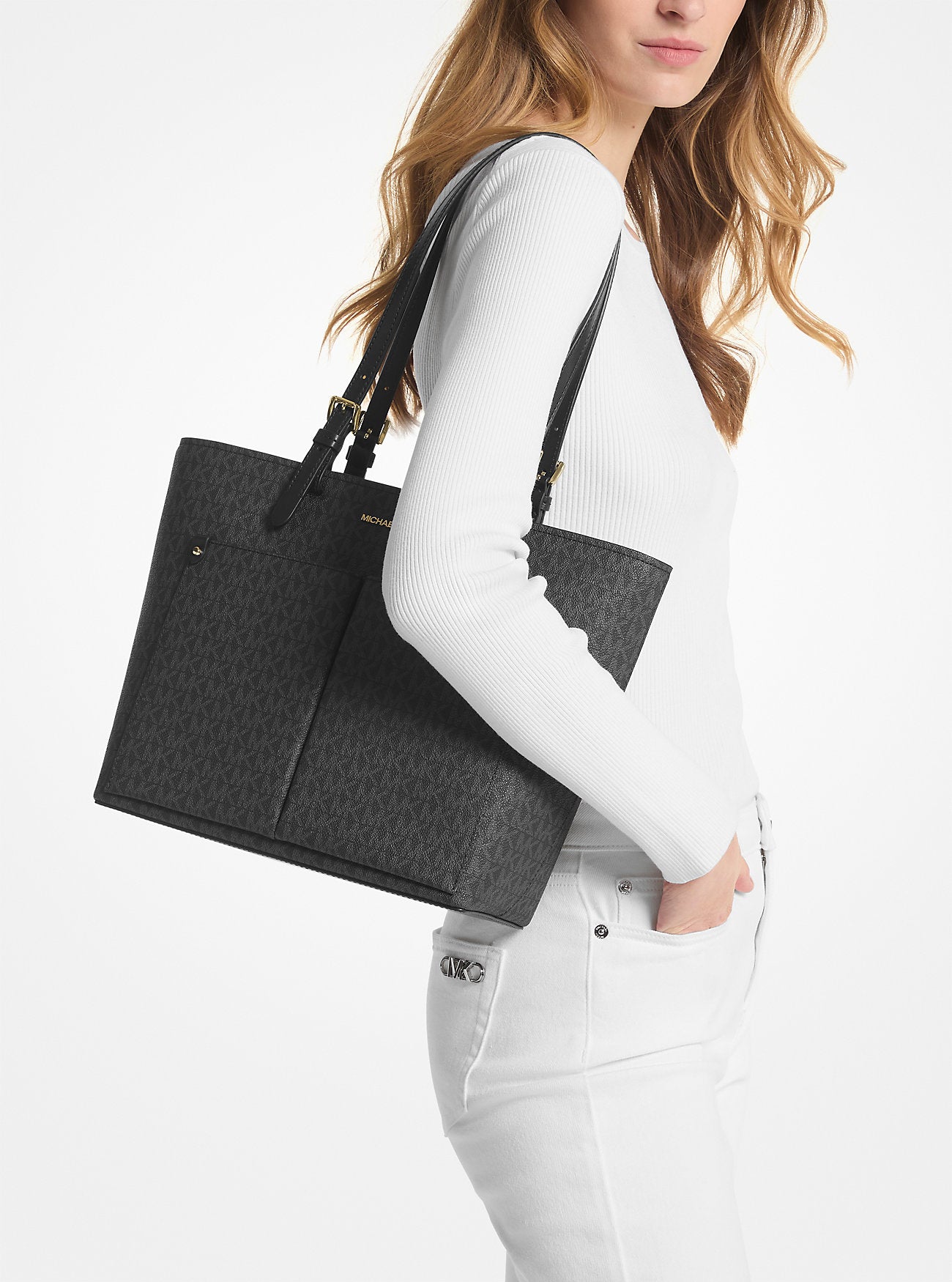 [INCOMING ETA 30 DAYS] Michael Kors Jet Set Medium Logo Pocket Tote Bag in Signature Black (35F3GTVT3B)
