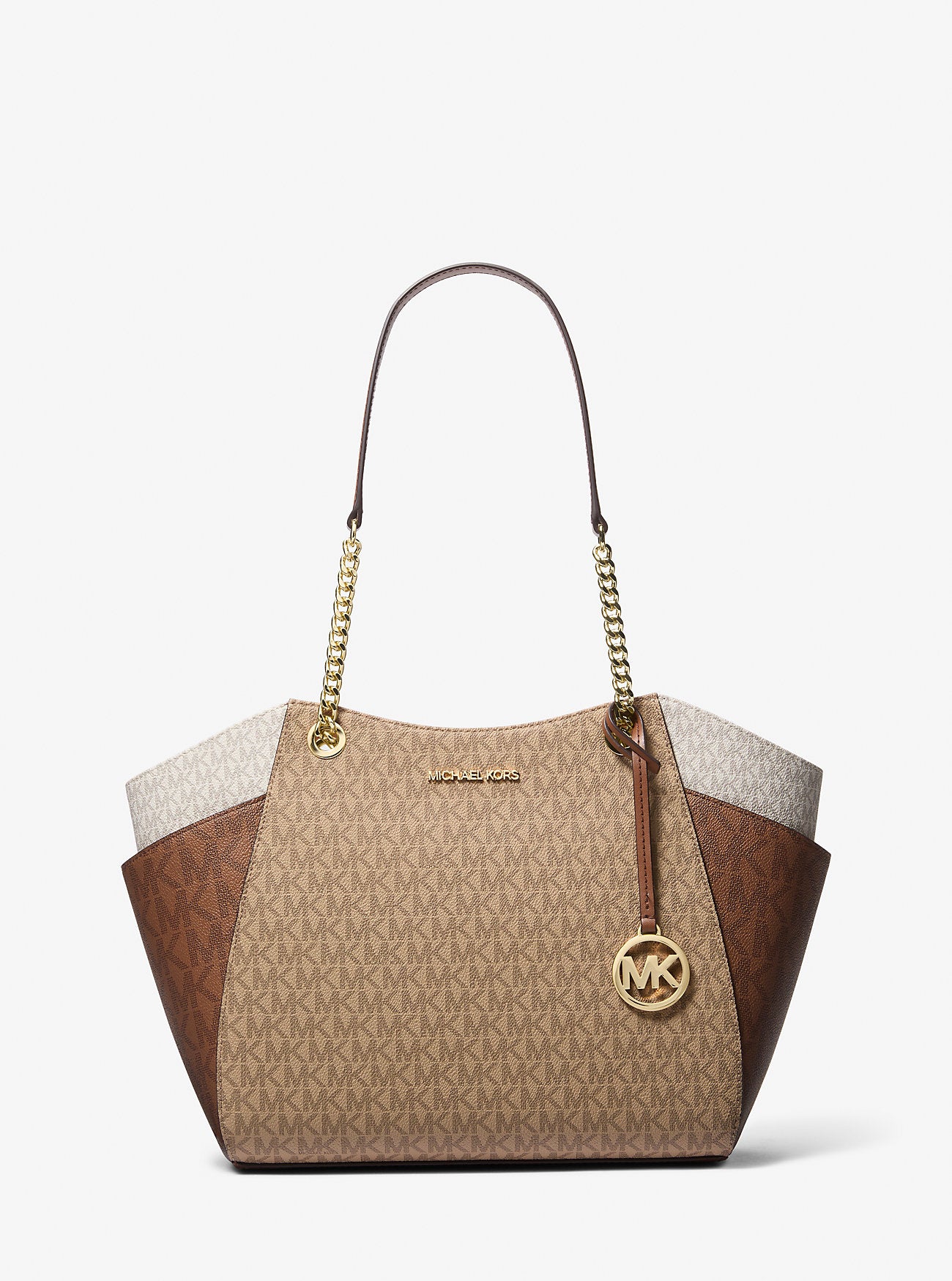 [READY STOCK MY] Michael Kors Jet Set Travel Large Chain Shoulder Tote in Signature Camel Multi (35S5GTVE3B)