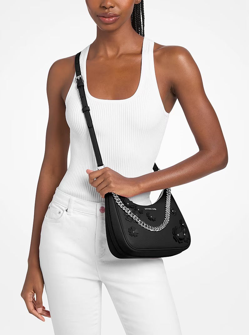 [READY STOCK MY] Michael Kors Jet Set Travel Large Floral Embellished Convertible Crossbody Bag in Black (35S6STVC3V)