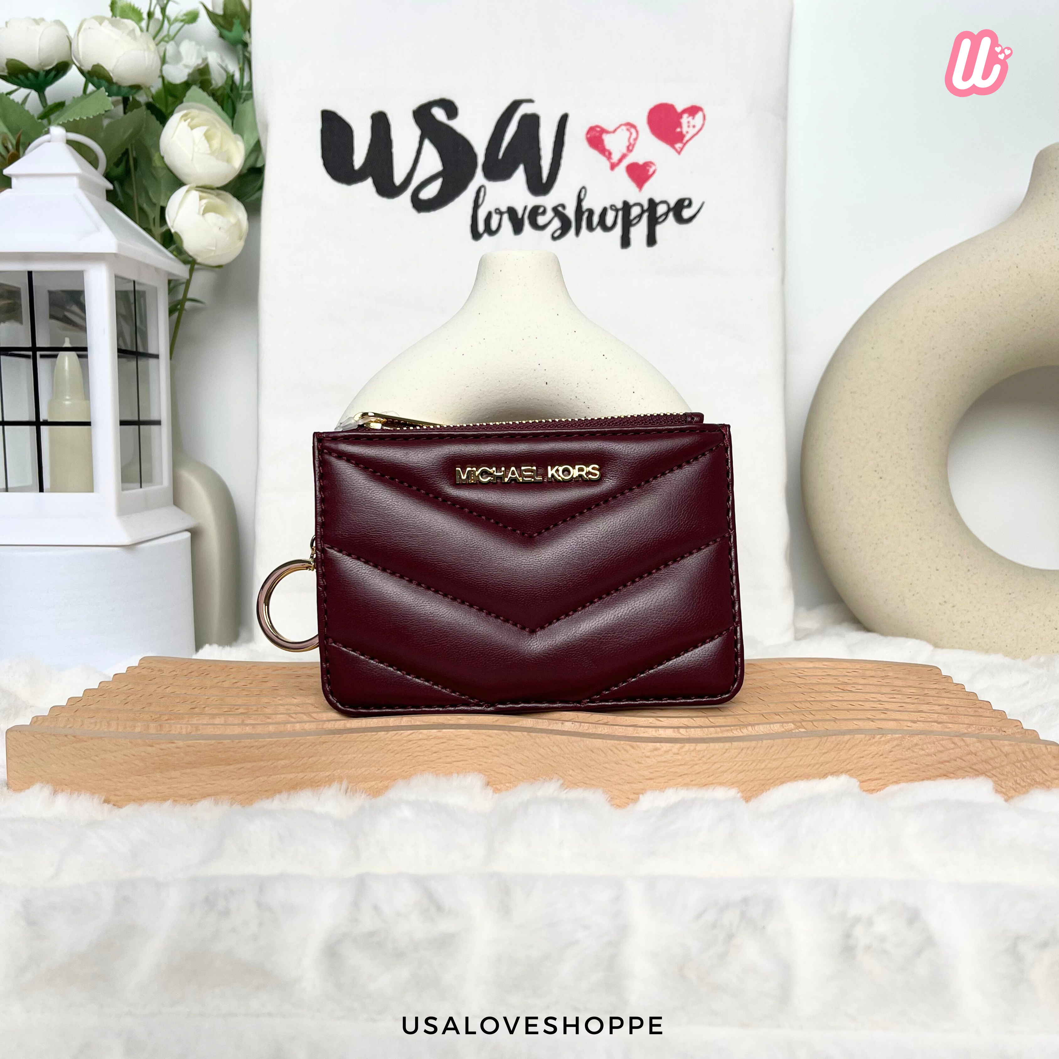 [READY STOCK MY] Michael Kors Jet Set Travel Small Quilted Coin Pouch in Oxblood (35R4GTVP1V)