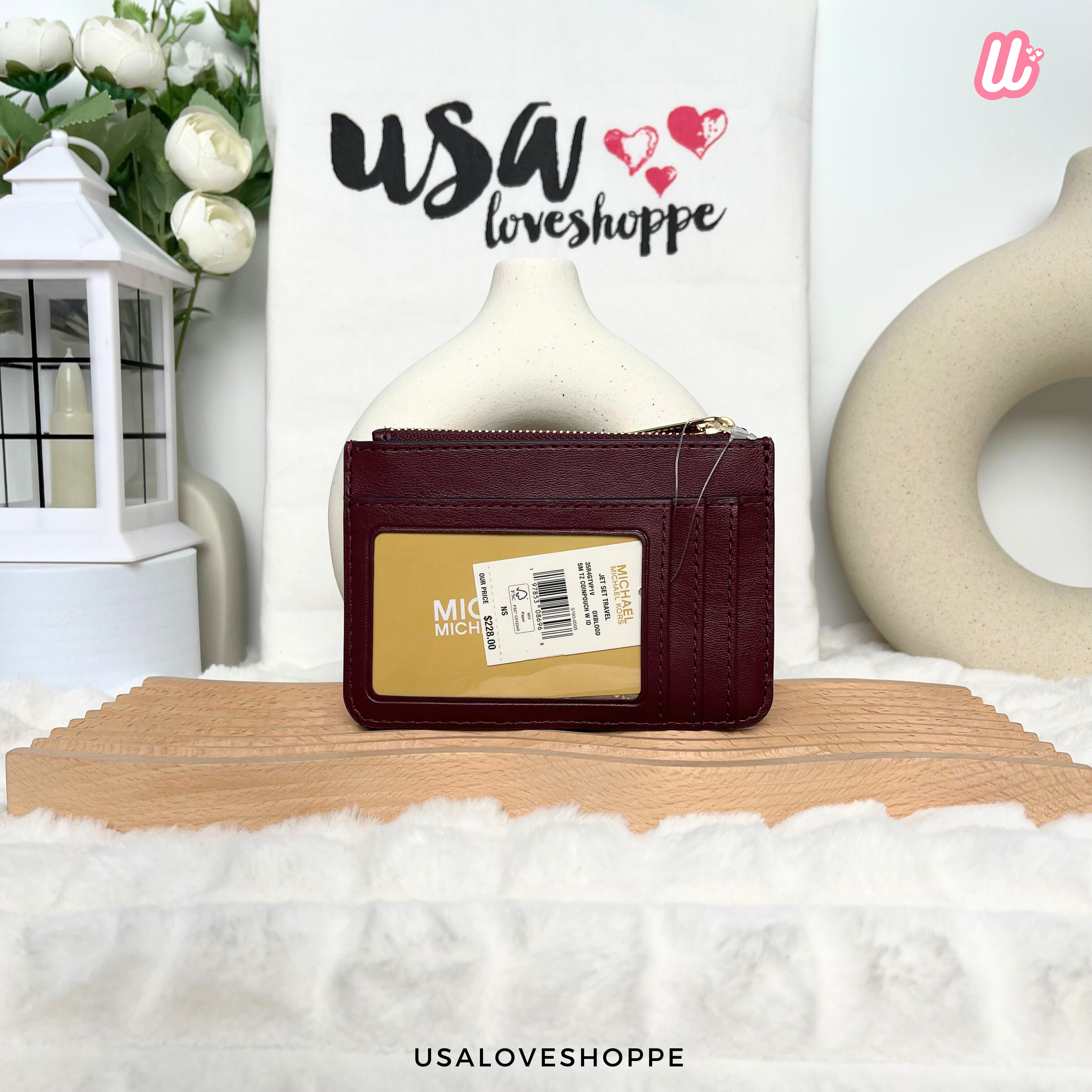 [READY STOCK MY] Michael Kors Jet Set Travel Small Quilted Coin Pouch in Oxblood (35R4GTVP1V)