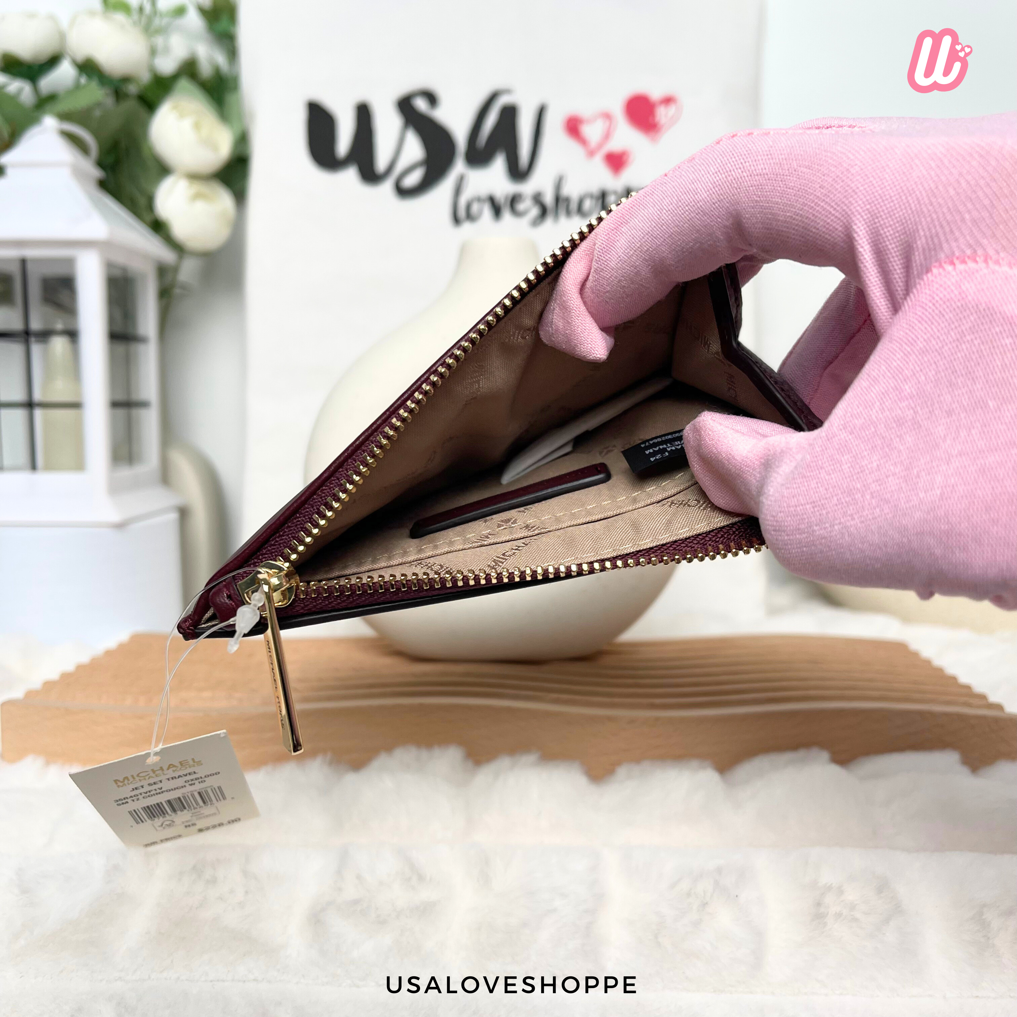 [READY STOCK MY] Michael Kors Jet Set Travel Small Quilted Coin Pouch in Oxblood (35R4GTVP1V)