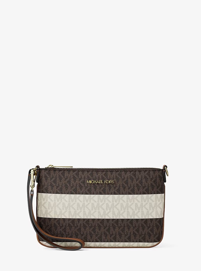 [READY STOCK MY] Michael Kors Jet Set Travel Small Striped Signature Logo Convertible Wristlet in Signature Vanilla/Luggage (35T6GTVW5V)