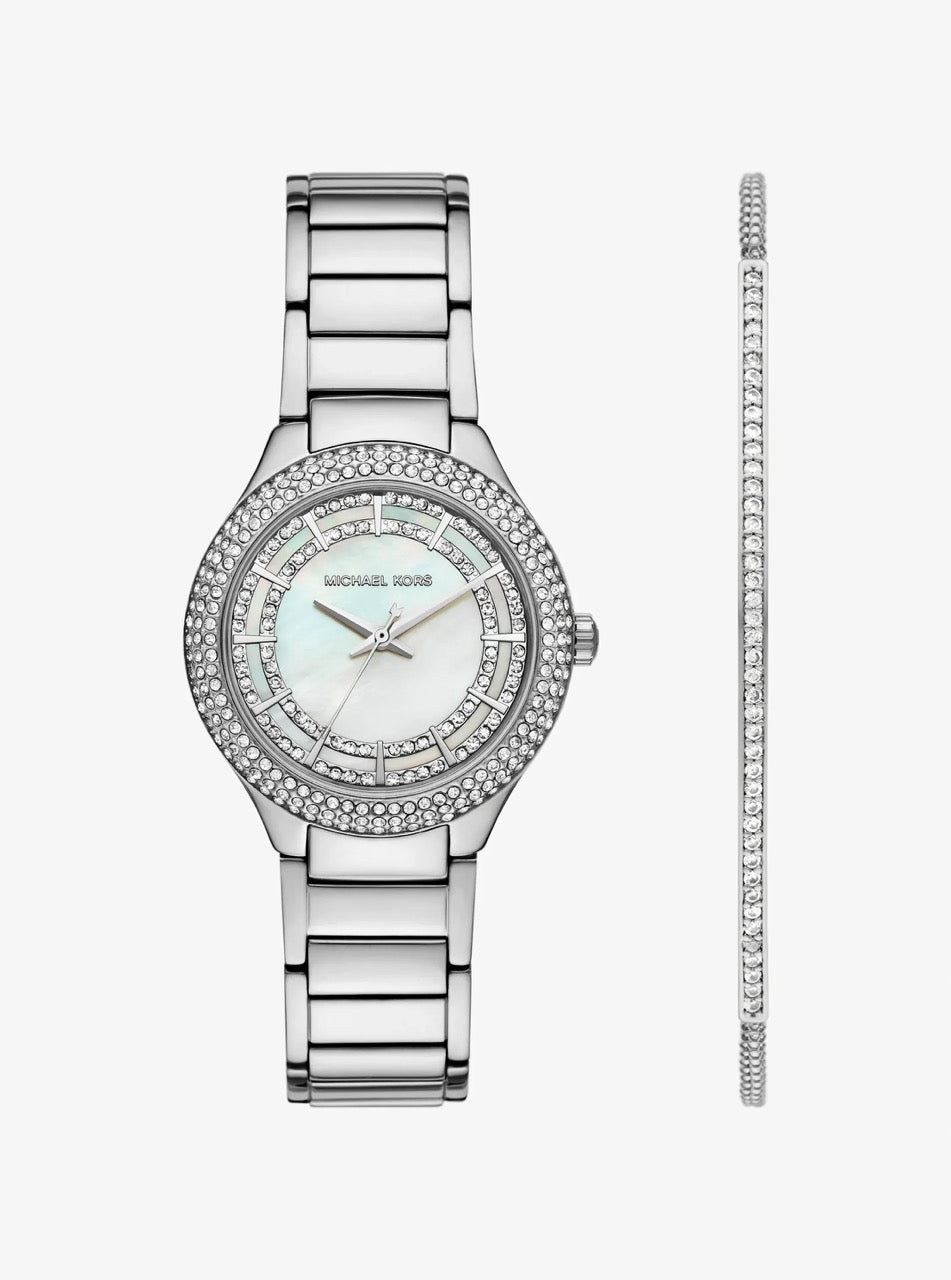 [WEB EXCLUSIVE][INCOMING ETA 30 DAYS] Michael Kors Mini Sylvia watch and bracelet gift set with silver-tone inlays Silver (MKO9019SET)