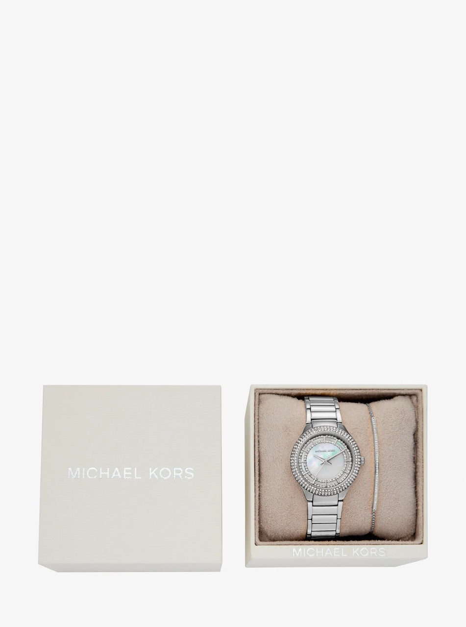 [WEB EXCLUSIVE][INCOMING ETA 30 DAYS] Michael Kors Mini Sylvia watch and bracelet gift set with silver-tone inlays Silver (MKO9019SET)